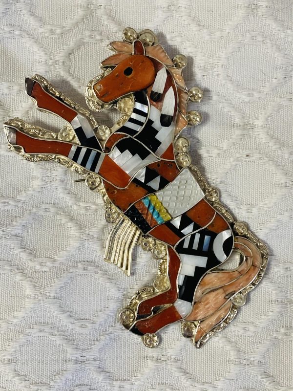 Zuni Eldred Martinez Signed Sterling Silver Inlaid Pink & Red Coral Zuni Pony Pin Pendant/