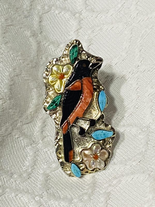 Zuni Randy Pinto Signed Sterling Silver American Robin Bird And Flower size 9.75 Ring/