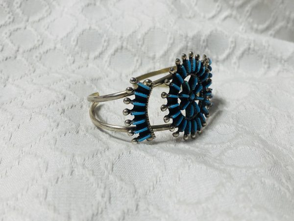 Zuni Vintage Philander Gia Signed Sterling Silver Turquoise Needlepoint Cluster Cuff Bracelet/ - Image 3