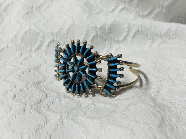 Zuni Vintage Philander Gia Signed Sterling Silver Turquoise Needlepoint Cluster Cuff Bracelet/ - Image 2