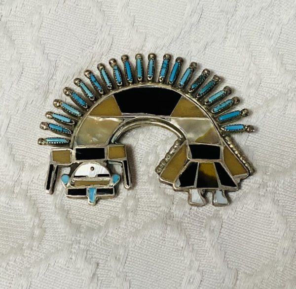 Zuni Delphine Cachini Sterling Silver Turquoise & Tortoise Shell Rainbowman Pin Brooch/