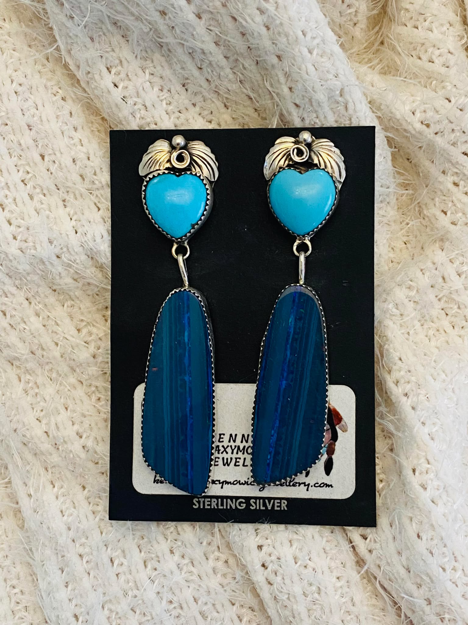 Signed Native American Navajo Blue Gem Turquoise Sterling Silver Heart Earrings