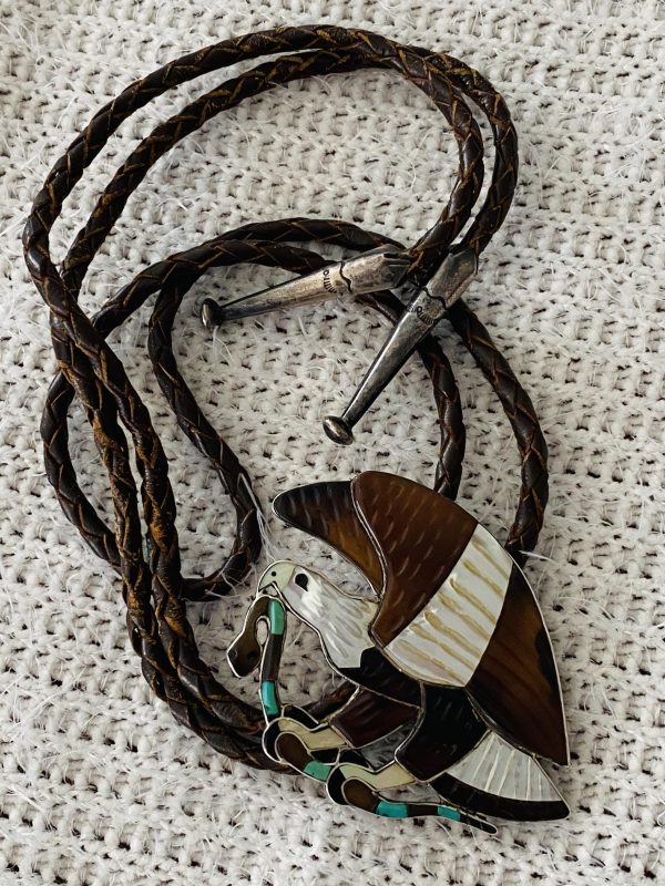 Zuni Jack Mahkee Signed C-31 Sterling Silver Inlay Bald Eagle & Snake Bolo Tie & Sterling Silver Tips/ - Image 2