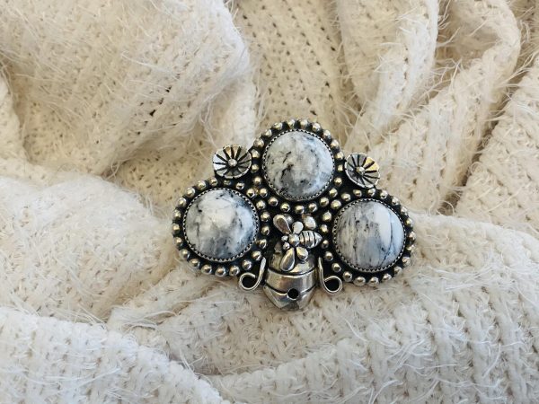 Cherokee Antonio Grant Signed Sterling Silver White Buffalo Bumbee Bee & Bee Hive Adjustable Ring/ - Image 2