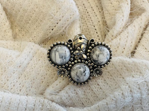 Cherokee Antonio Grant Signed Sterling Silver White Buffalo Bumbee Bee & Bee Hive Adjustable Ring/