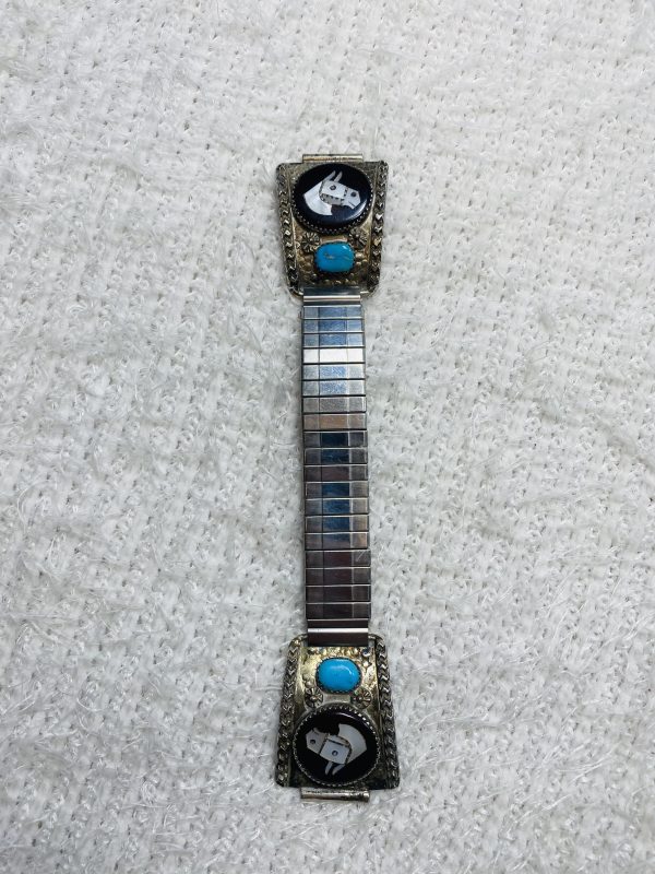 Vintage Zuni Mike and Sarah Simplicio Signed Sterling Silver Inlaid Turquoise Horse Watch Tips/