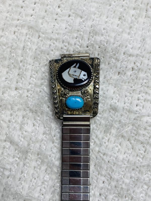 Vintage Zuni Mike and Sarah Simplicio Signed Sterling Silver Inlaid Turquoise Horse Watch Tips/ - Image 2