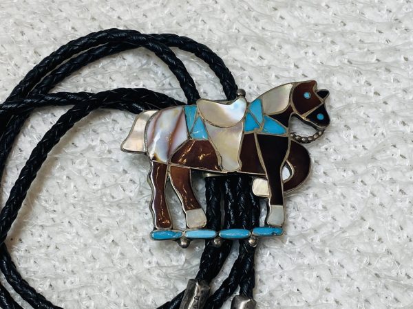 Zuni Nora Leekity Signed Sterling Silver Inlay Horse Bolo Tie & Matching Tips/ - Image 2