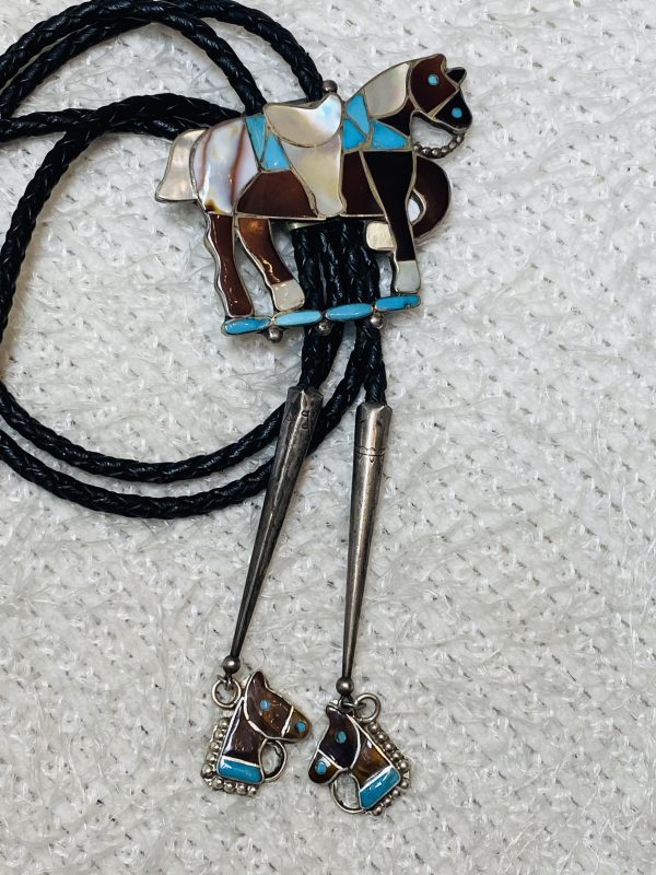 Zuni Nora Leekity Signed Sterling Silver Inlay Horse Bolo Tie & Matching Tips/
