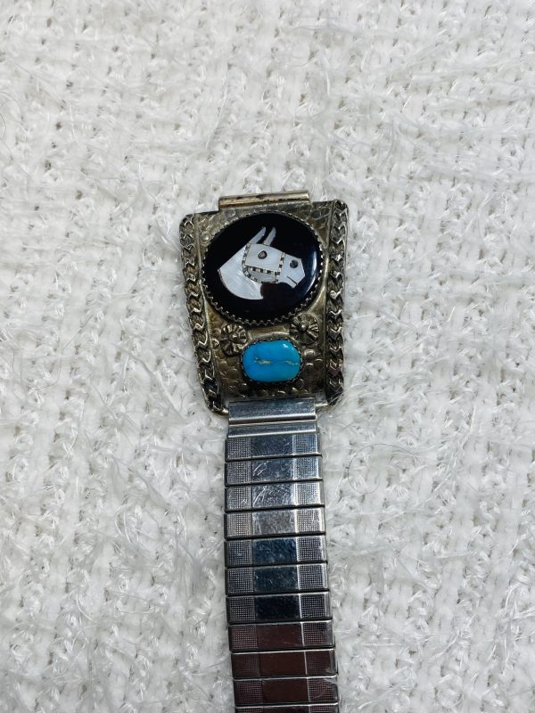 Vintage Zuni Mike and Sarah Simplicio Signed Sterling Silver Inlaid Turquoise Horse Watch Tips/ - Image 3