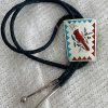 Zuni Vintage Nancy Haloo Signed Sterling Silver Red Cardinal and Flower Bolo Tie/