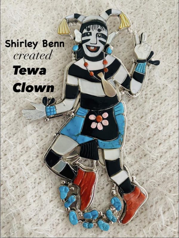 Zuni Tewa Shirley Benn Signed Sterling Silver Tewa Clown Kachina Bolo Tie & Pendant/