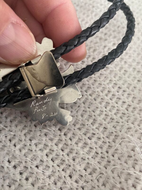 Zuni Randy Pinto Signed Sterling Silver Blue Jay & Flowers Bolo Tie and Matching Blue Jay Tips/ - Image 3