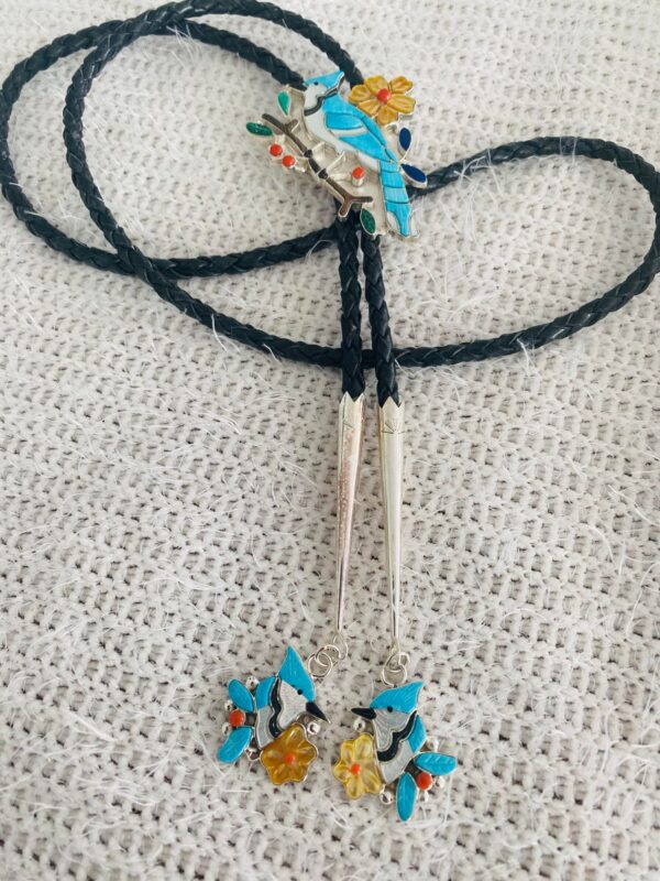 Zuni Randy Pinto Signed Sterling Silver Blue Jay & Flowers Bolo Tie and Matching Blue Jay Tips/ - Image 2