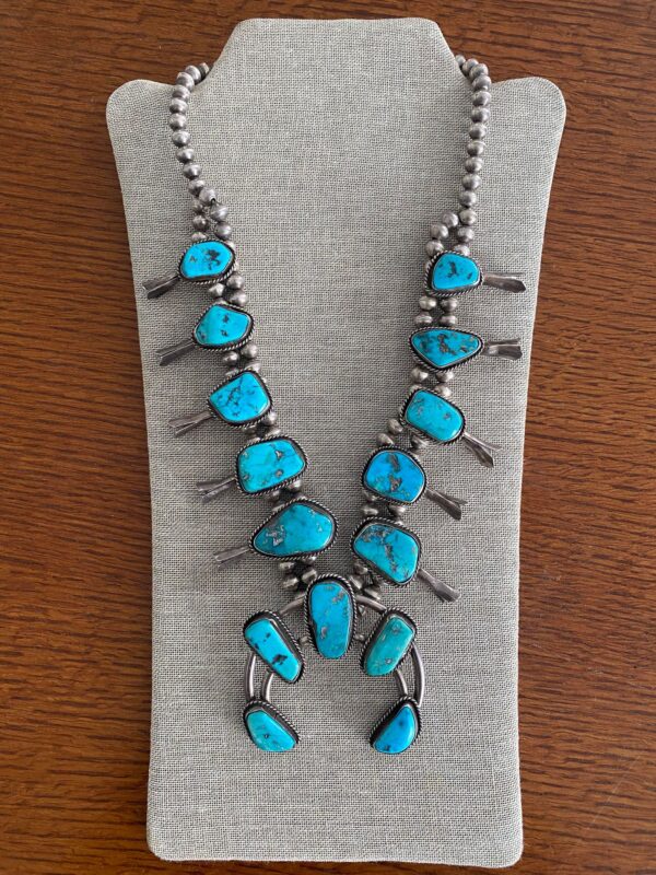 Vintage Navajo Sterling Silver Graduated High Grade Turquoise Squash Blossom/ - Image 4