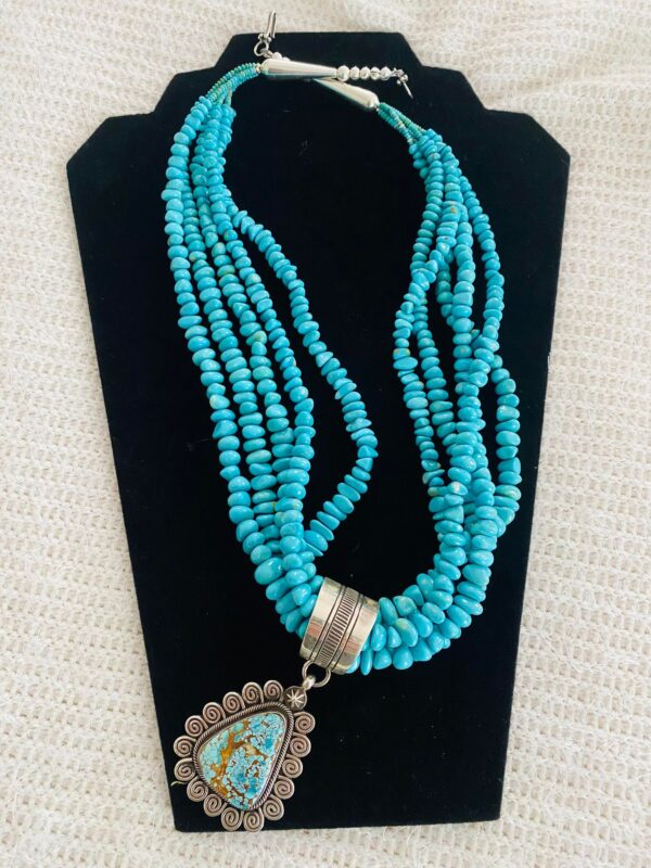 Navajo Terry Martinez Signed Unworn Sterling Silver Graduating Turquoise Pendant and Necklace/