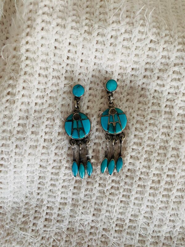 Zuni Annie Quam Gasper AQG Signed Sterling Silver Turquoise Spiderweb Post Earrings with Dangles/