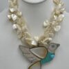 Zuni Jovanna Poblano Signed Beaded Bird in Flight Necklace with Gold Lip Mother of Pearl/