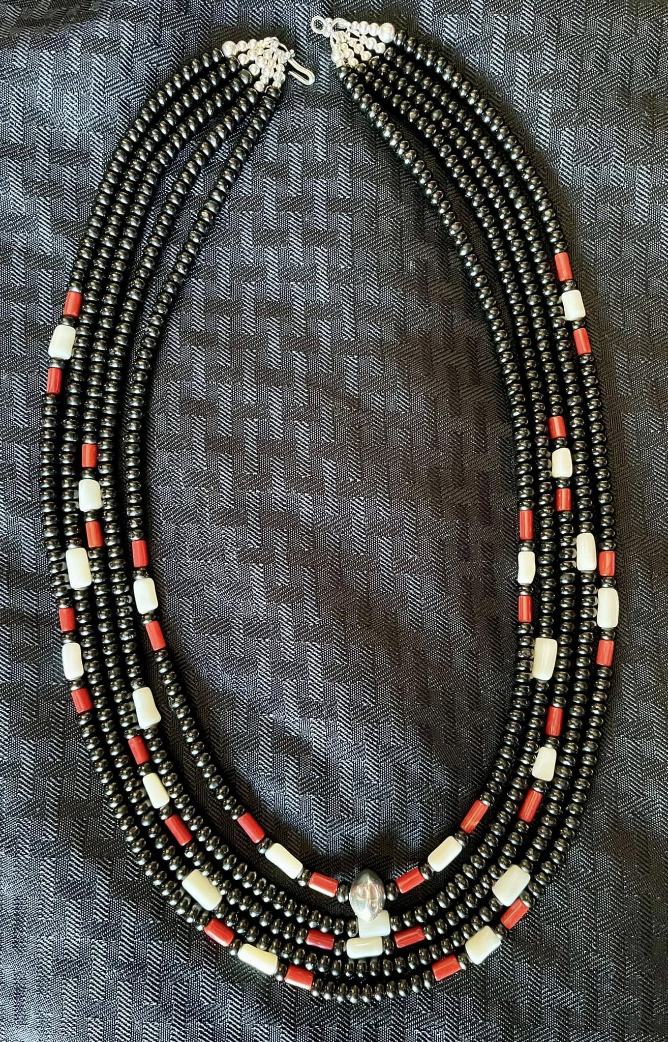 Zuni Jovanna Poblano Signed Sterling Silver Black Jet & Japanese,Italian Coral Strand Necklace 69/ - Image 3