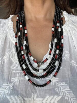 Zuni Jovanna Poblano Signed Sterling Silver Black Jet & Japanese,Italian Coral Strand Necklace 69/