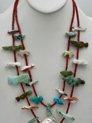 Zuni Jovanna Poblano Family Signed Carved Birds & Animals Turquoise Fetish Grandmother Necklace 68/