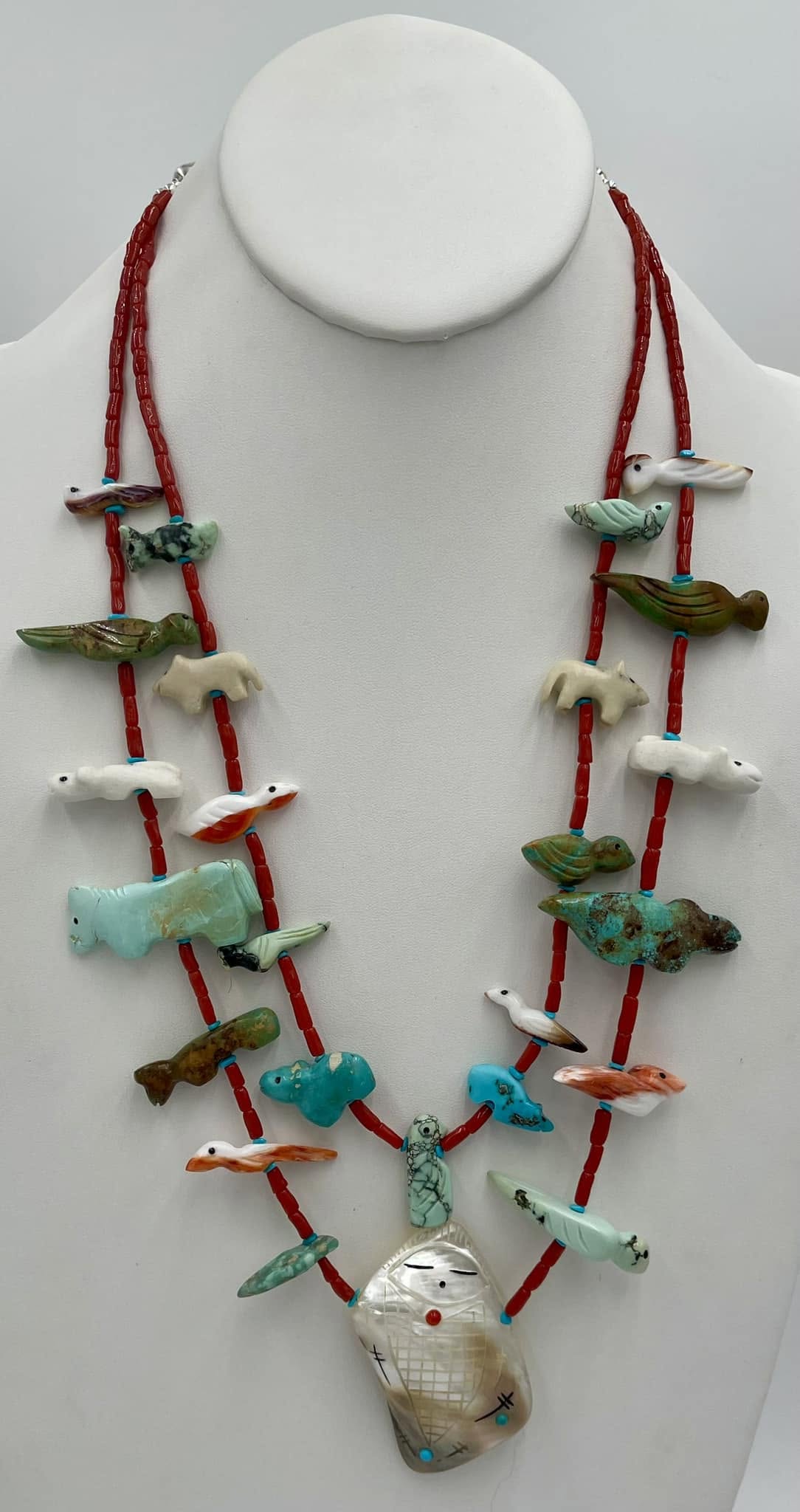 Zuni Jovanna Poblano Family Signed Carved Birds & Animals Turquoise Fetish Grandmother Necklace 68/