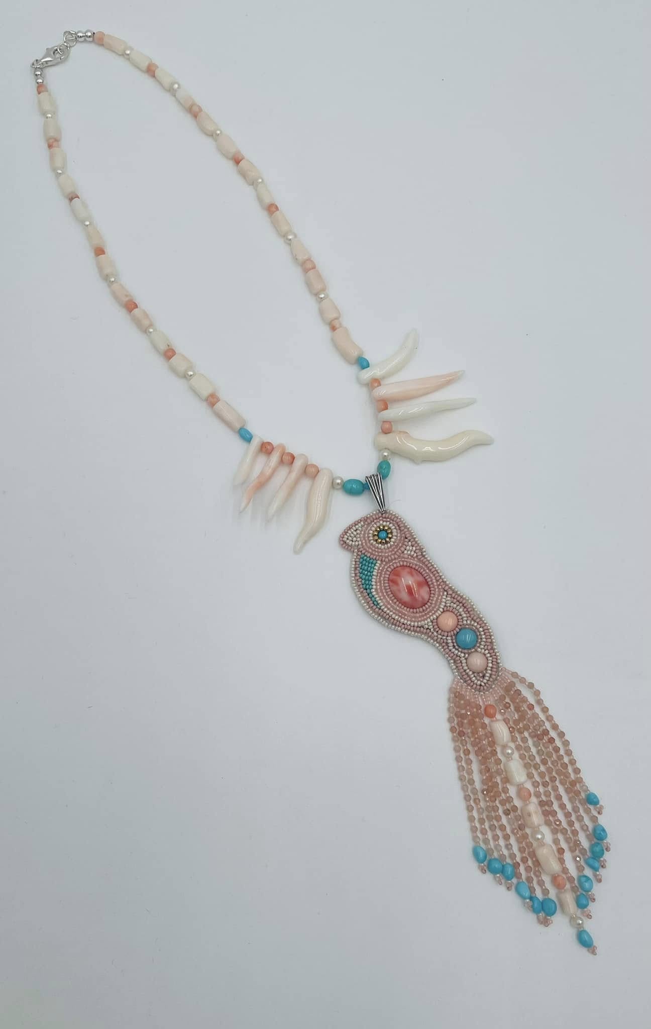 Zuni Jovanna Poblano Signed Japanese Coral,Pearls & Turquoise Beaded Bird Necklace 65/ - Image 3