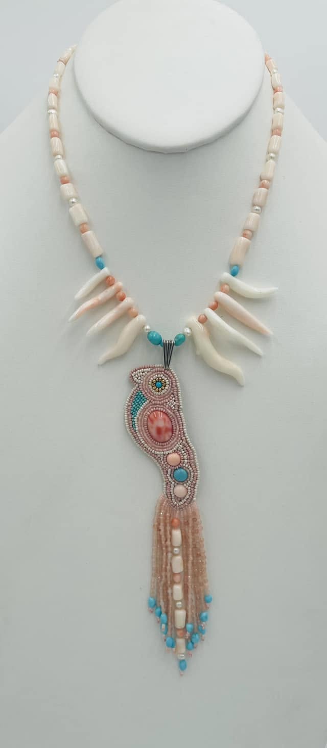 Zuni Jovanna Poblano Signed Japanese Coral,Pearls & Turquoise Beaded Bird Necklace 65/ - Image 4