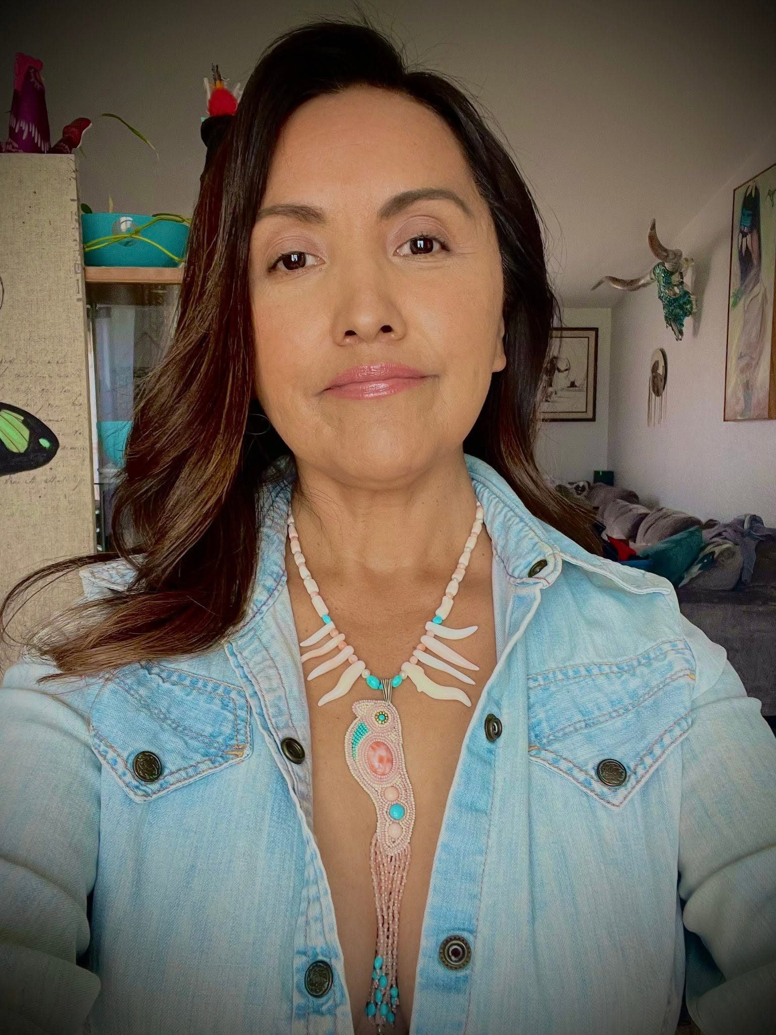Zuni Jovanna Poblano Signed Japanese Coral,Pearls & Turquoise Beaded Bird Necklace 65/ - Image 2