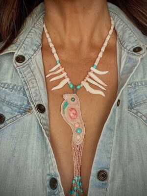Zuni Jovanna Poblano Signed Japanese Coral,Pearls & Turquoise Beaded Bird Necklace 65/