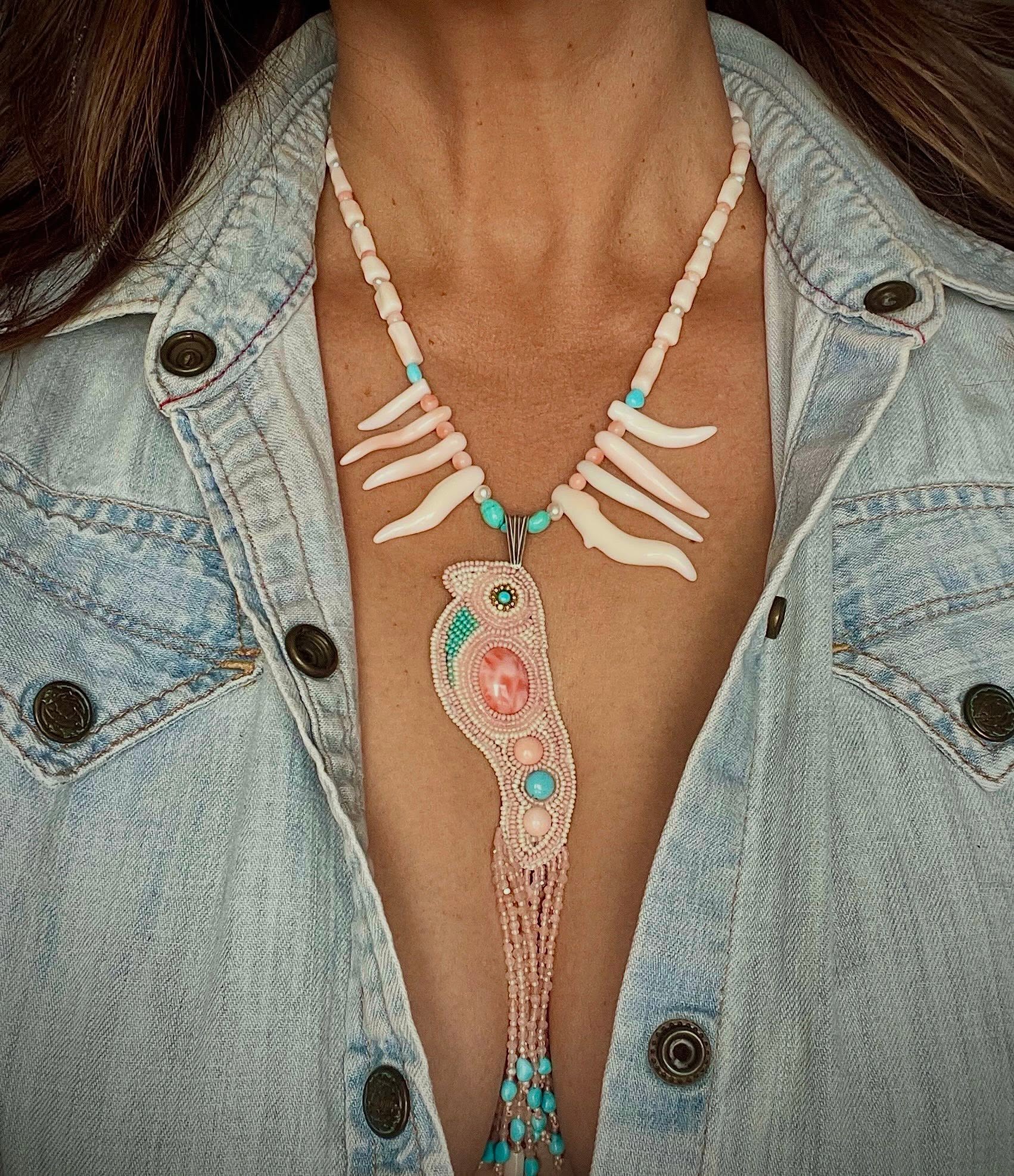 Zuni Jovanna Poblano Signed Japanese Coral,Pearls & Turquoise Beaded Bird Necklace 65/