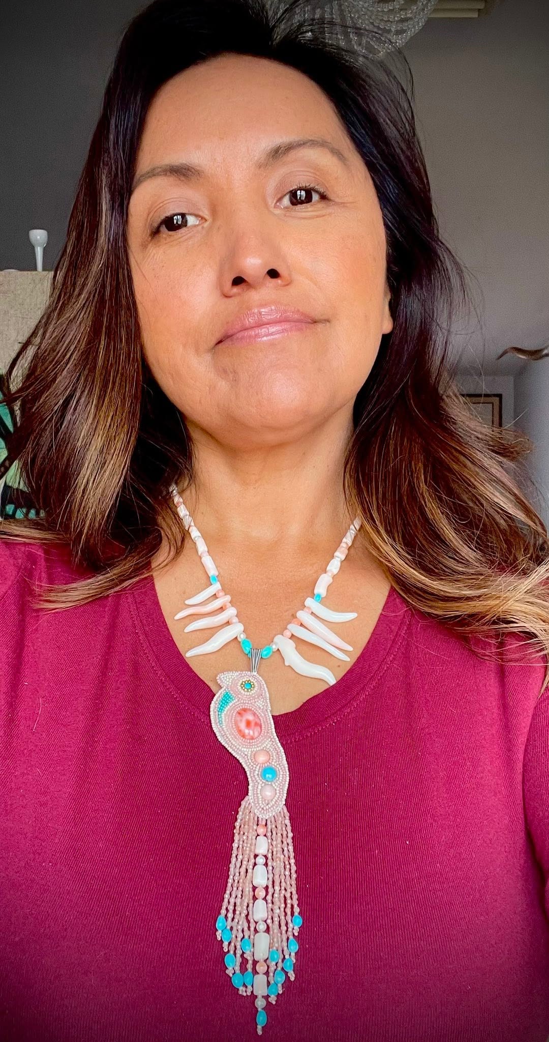 Zuni Jovanna Poblano Signed Japanese Coral,Pearls & Turquoise Beaded Bird Necklace 65/ - Image 5