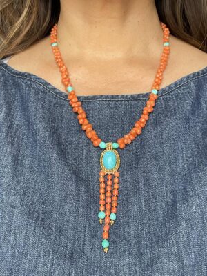 Zuni Jovanna Poblano Signed Beaded Sciaaca Coral & Turquoise Necklace 64/