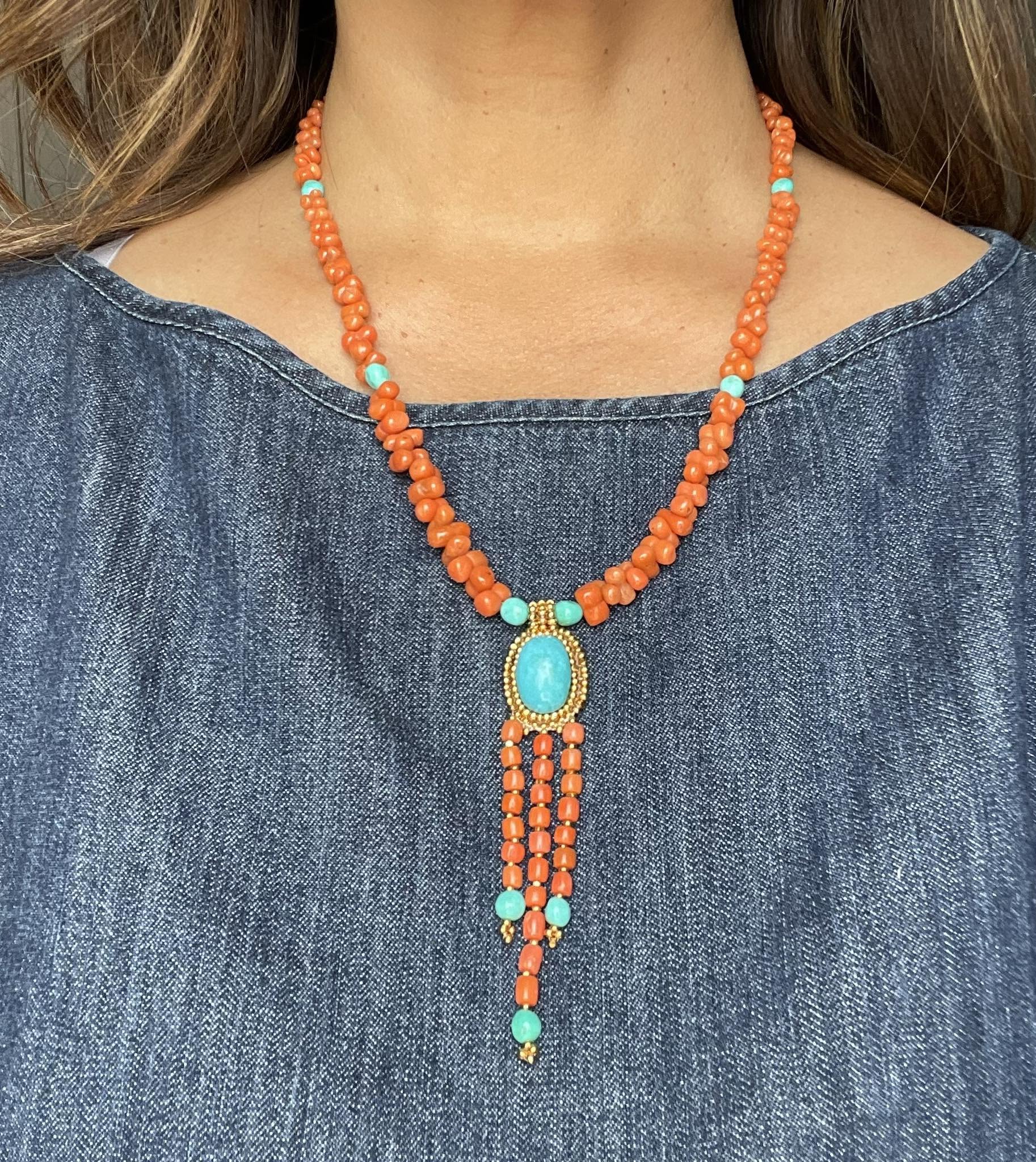 Zuni Jovanna Poblano Signed Beaded Sciaaca Coral & Turquoise Necklace 64/