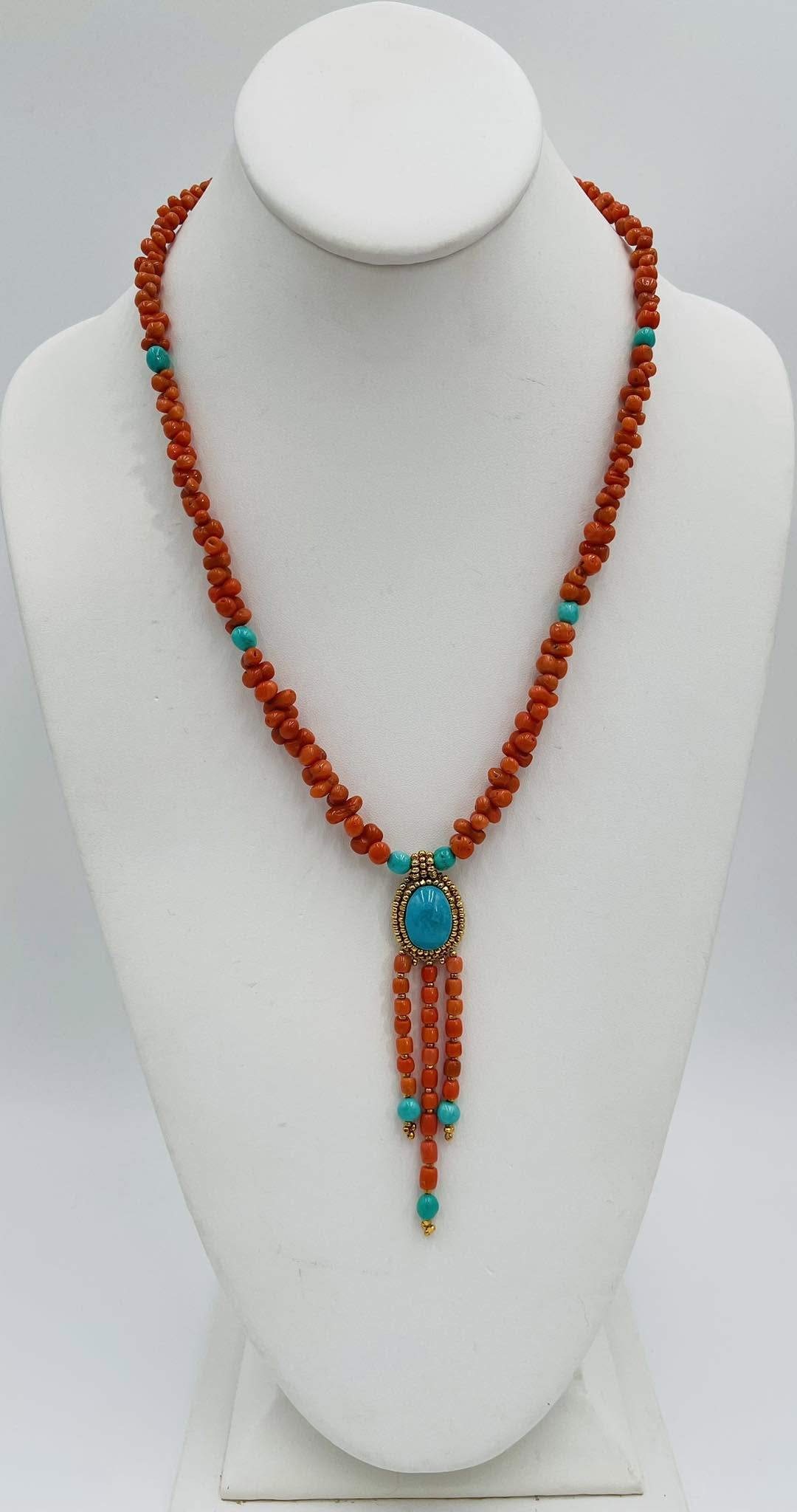 Zuni Jovanna Poblano Signed Beaded Sciaaca Coral & Turquoise Necklace 64/ - Image 2