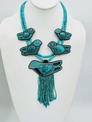 Zuni Jovanna Poblano Signed Sterling Silver Turquoise Beaded Graduating Bird Squash Necklace 59/