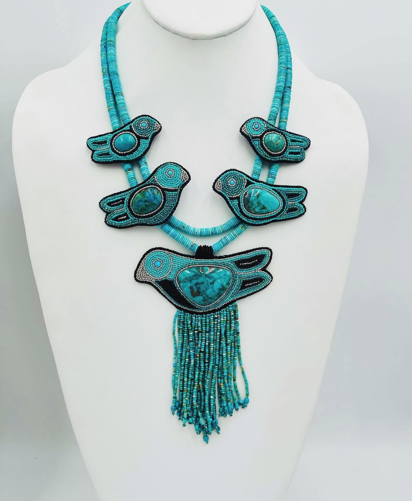 Zuni Jovanna Poblano Signed Sterling Silver Turquoise Beaded Graduating Bird Squash Necklace 59/