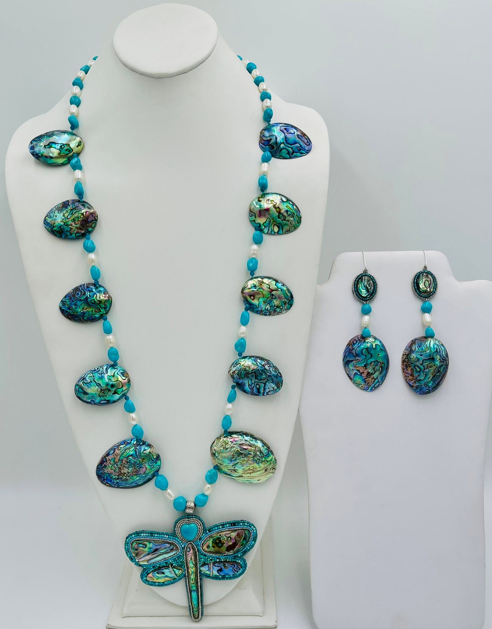 Zuni Jovanna Poblano Lapis Signed Beaded Pearl Turquoise & Abalone Dangle Hook Earrings 58/ - Image 2