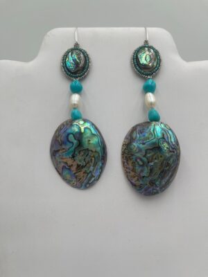 Zuni Jovanna Poblano Lapis Signed Beaded Pearl Turquoise & Abalone Dangle Hook Earrings 58/