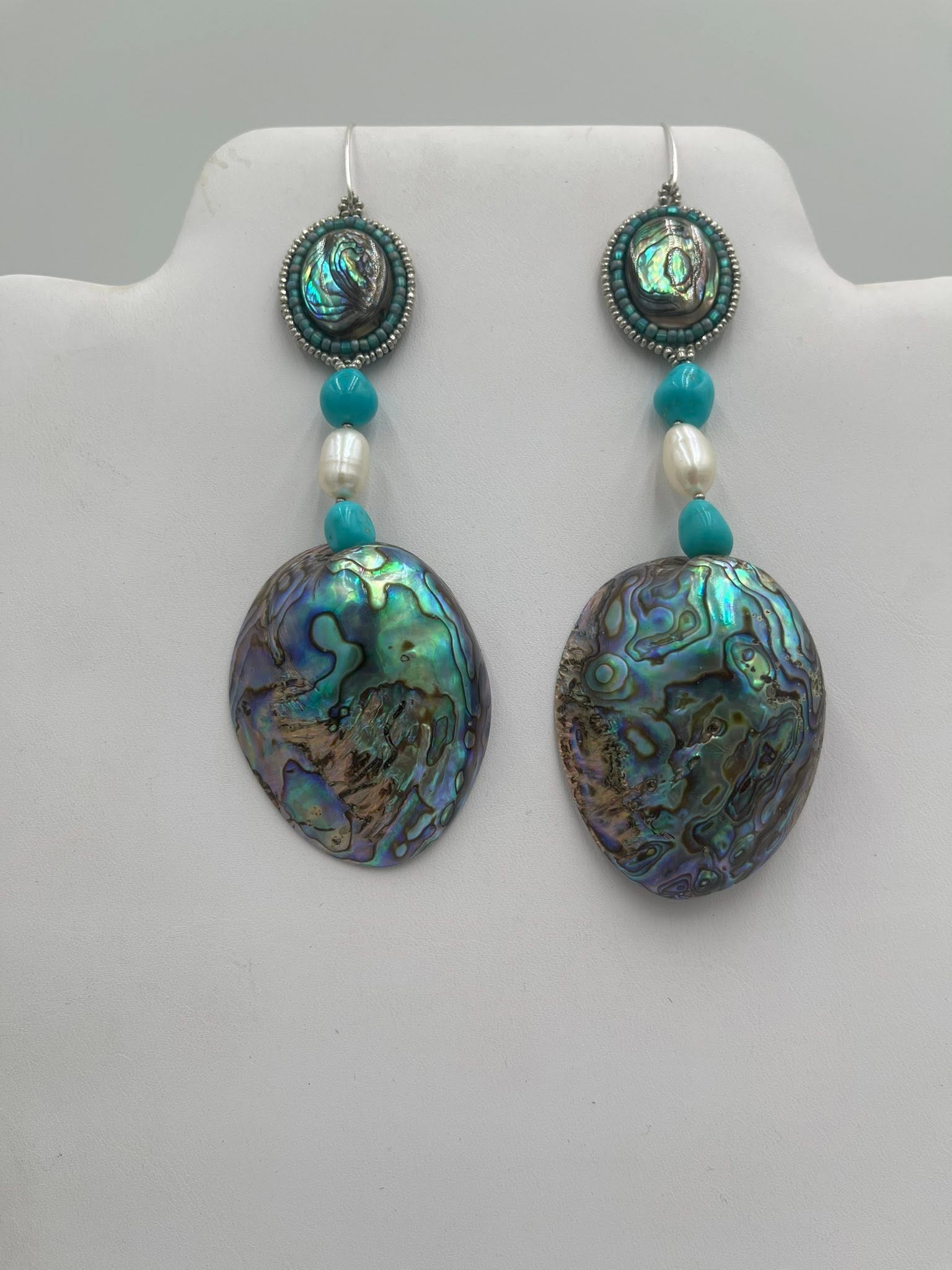 Zuni Jovanna Poblano Lapis Signed Beaded Pearl Turquoise & Abalone Dangle Hook Earrings 58/