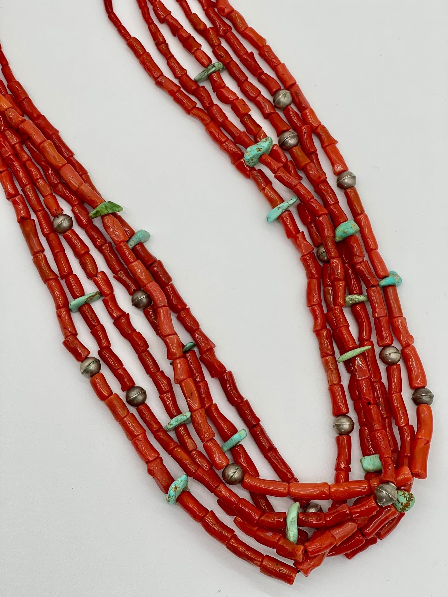 Zuni Jovanna Poblano Signed Sterling Silver Italian Coral & Turquoise 6 Strand Necklace 57/ - Image 4