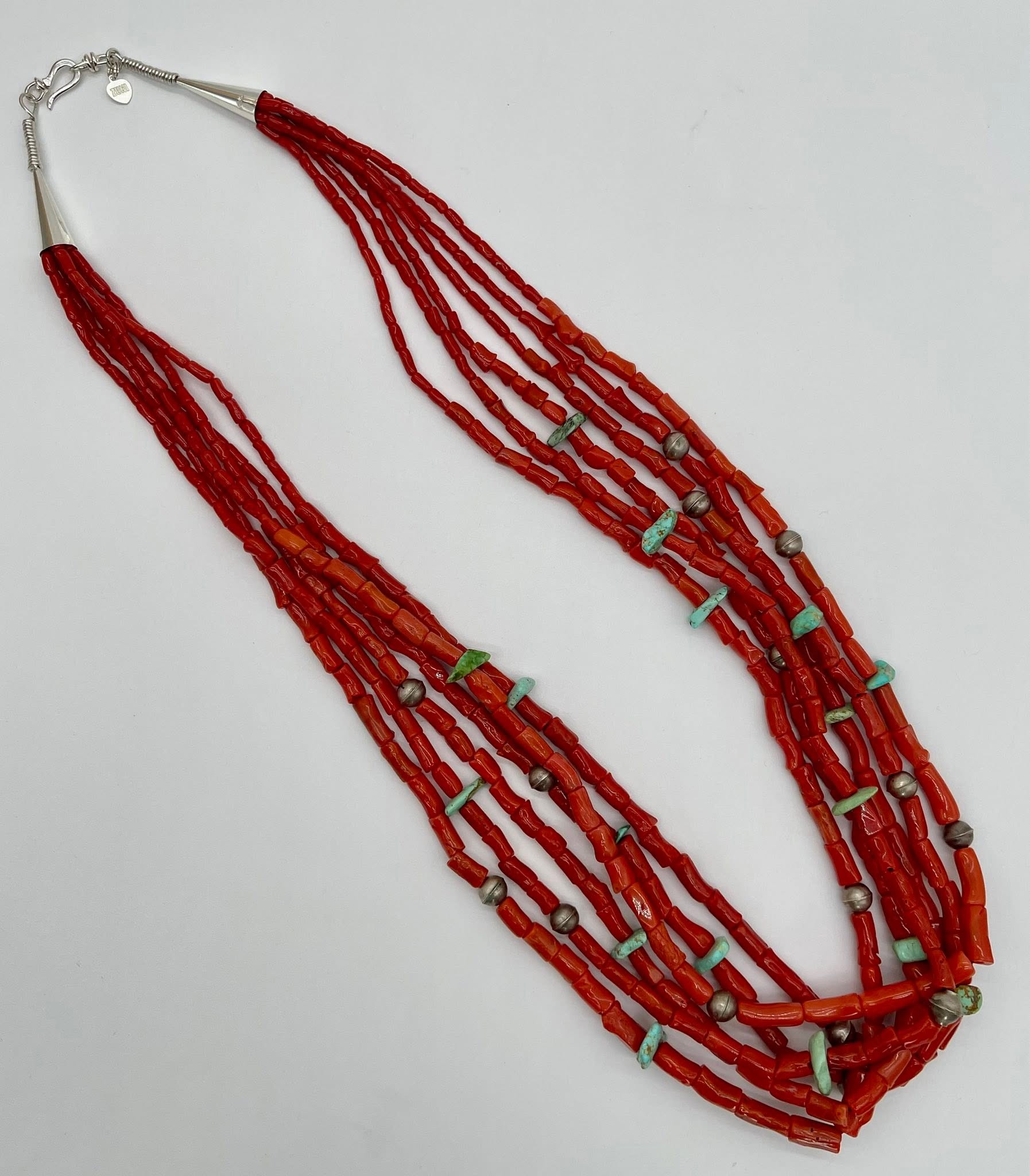 Zuni Jovanna Poblano Signed Sterling Silver Italian Coral & Turquoise 6 Strand Necklace 57/ - Image 2