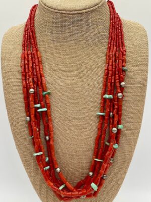Zuni Jovanna Poblano Signed Sterling Silver Italian Coral & Turquoise 6 Strand Necklace 57/