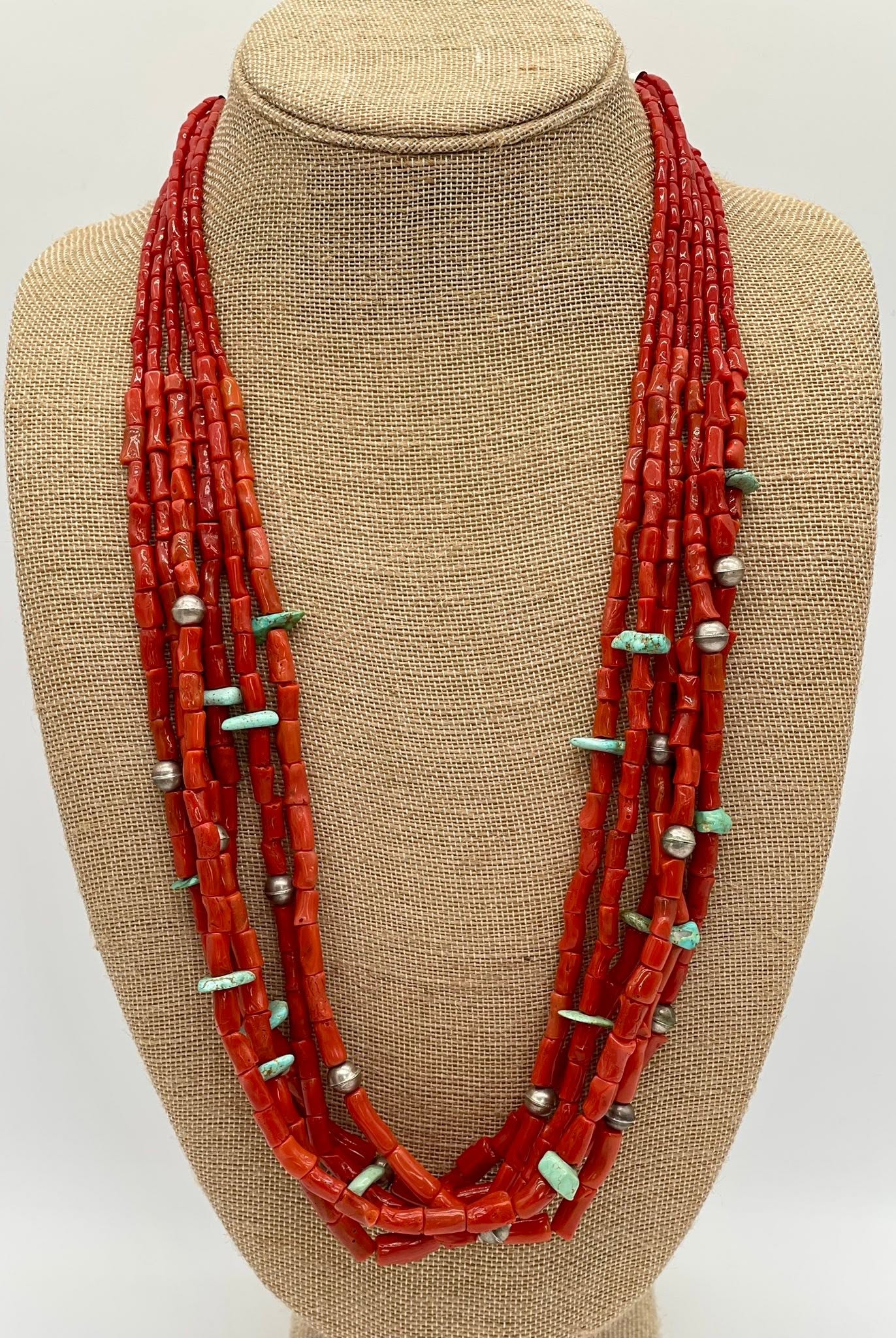 Zuni Jovanna Poblano Signed Sterling Silver Italian Coral & Turquoise 6 Strand Necklace 57/