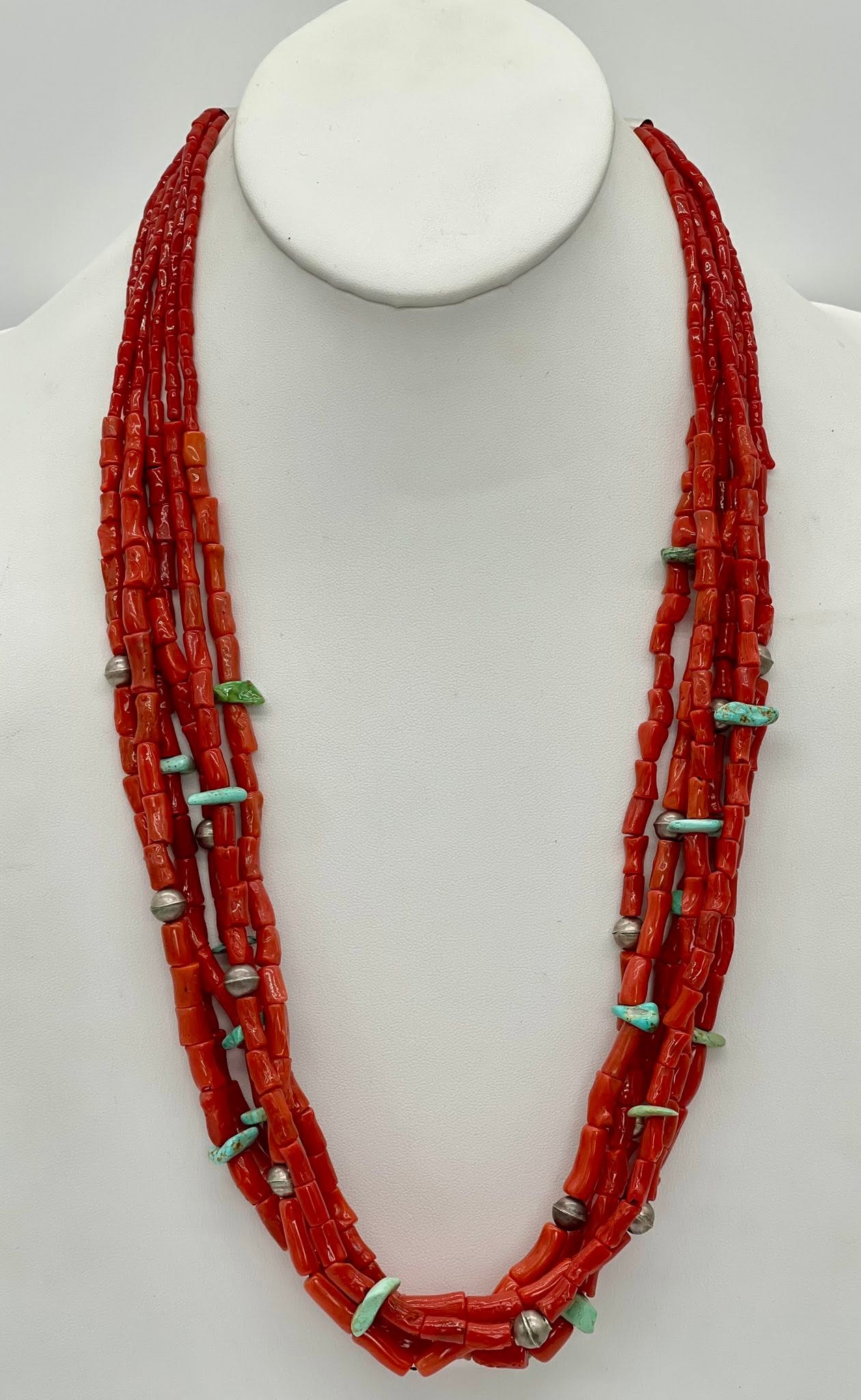 Zuni Jovanna Poblano Signed Sterling Silver Italian Coral & Turquoise 6 Strand Necklace 57/ - Image 3