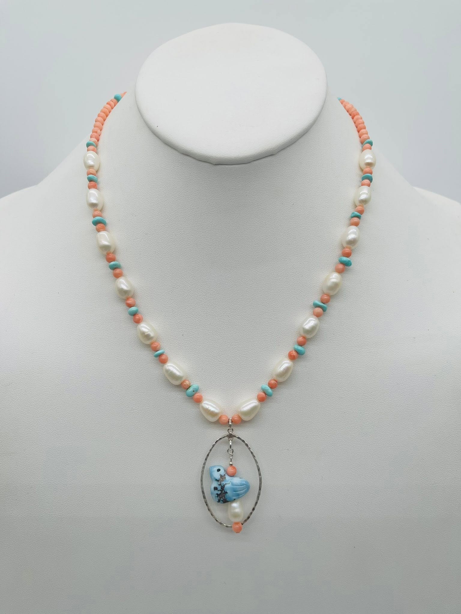 Zuni Jovanna Poblano Signed Silver, Coral, Pearl & Turquoise Fetish Bird Necklace 56/ - Image 6