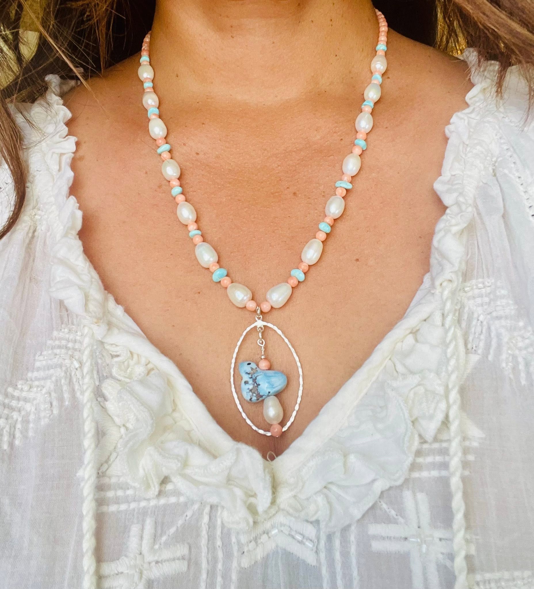 Zuni Jovanna Poblano Signed Silver, Coral, Pearl & Turquoise Fetish Bird Necklace 56/ - Image 2
