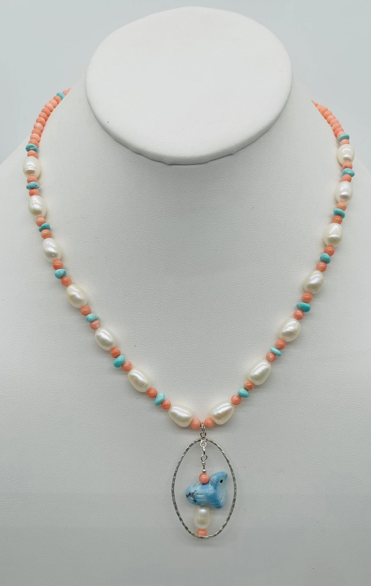 Zuni Jovanna Poblano Signed Silver, Coral, Pearl & Turquoise Fetish Bird Necklace 56/ - Image 4