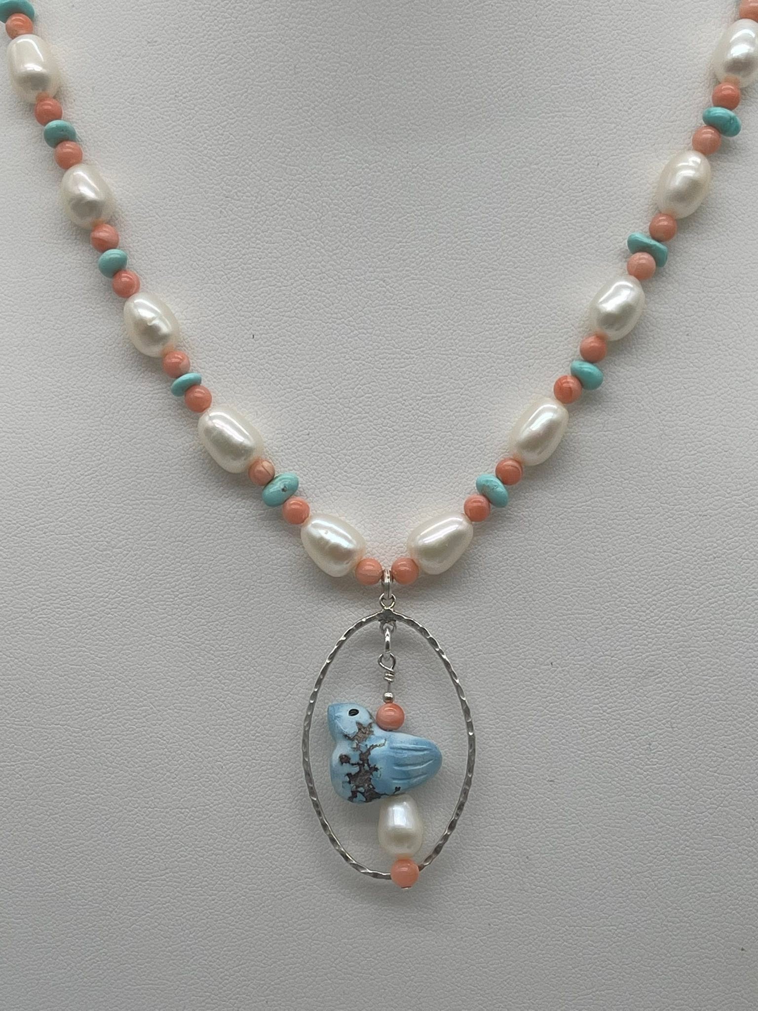 Zuni Jovanna Poblano Signed Silver, Coral, Pearl & Turquoise Fetish Bird Necklace 56/ - Image 5