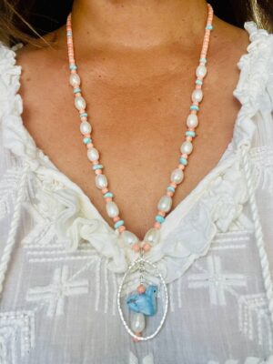 Zuni Jovanna Poblano Signed Silver, Coral, Pearl & Turquoise Fetish Bird Necklace 56/
